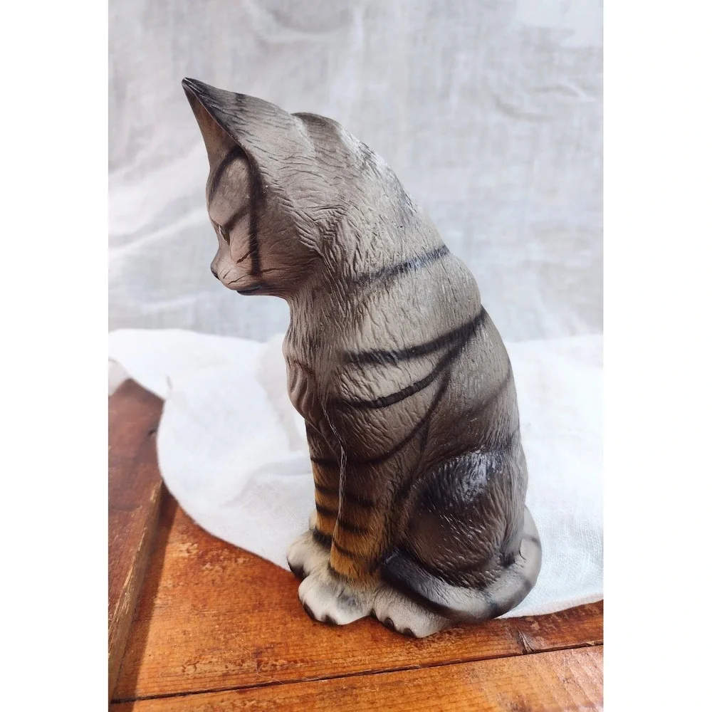 Vintage Ceramic Grey Tabby Cat and Kitten Figurine Set‎ Hand Painted Green Eyes